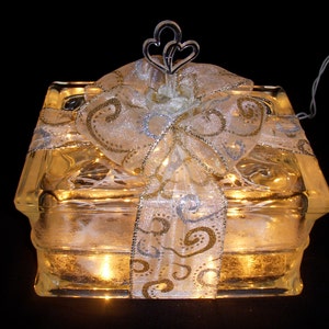 Custom Silver Gold Swirls Ribbon Wedding Anniversary Double Hearts Engagement Glass Block Light Decoration Couple Gift 24/7/365 Lite Unique