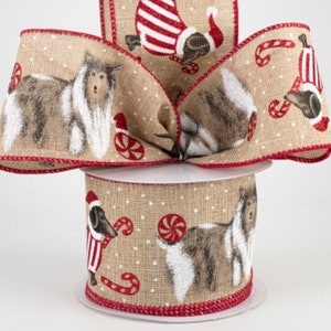 Holiday Christmas Pet Collie Dachshund Dogs Wired 2.5&quot; NATURAL BEIGE DOG Doggy Ribbon 2 1/2&quot; Red Glitter Candy Cane Peppermint by Yard/Roll