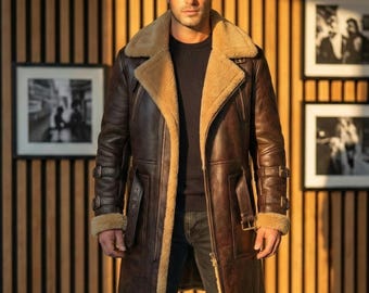 Men's Brown Shearling Leather Coat | Soft Sheepskin Fur Lined Mid Length Trench Coat