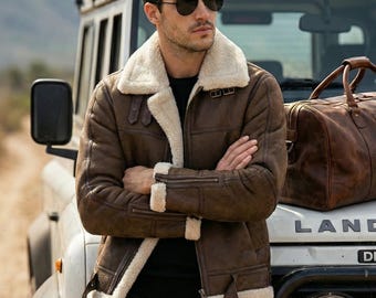 Chaqueta de hombre de piel de oveja marrón desgastada / Abrigo de aviador de piel de oveja auténtica con forro de piel