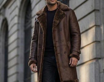 Handmade Brown Shearling Leather Coat For Men | Sheepskin Winter Med Length Coat