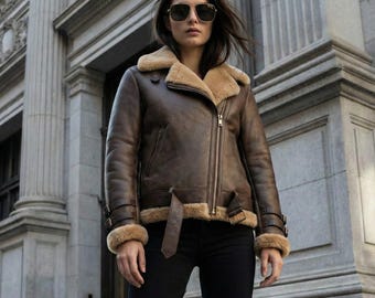 Women's Brown Leather Shearling Jacket | Vintage Style Aviator Coat | Real Sheepskin Jacket
