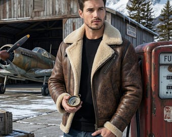 Chaqueta de aviador de cuero marrón desgastado para hombre / Chaqueta de vuelo tipo bombardero de piel de oveja B3