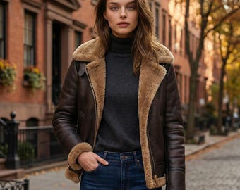 Women Leather Aviator Jacket | B3 Bomber Brown Fur Shearling Lined Coat -  Gift For Her