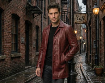 Men's Oxblood Real Leather Coat - Classic Button Down Car Jacket - Casual Coat