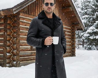 Men shearling leather coat– Fur Lined Winter Jacket – Black Long Trench Overcoat