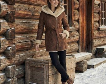 Women’s Shearling Coat | Hooded Suede Winter Jacket | Belted Aviator Style Coat