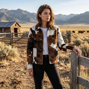 Women Tricolor Authentic Cowhide Jacket - Real Hair-On-Hide Cropped Western Statement Coat with Patch Pockets