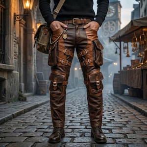 Könnte beinhalten: Braune Lederhose mit mehreren Cargotaschen, verstellbaren Schnallenriemen an den Oberschenkeln und einem passenden Ledergürtel. Eine goldfarbene Taschenuhr an einer Kette ist am Gürtel befestigt, kombiniert mit dunkelbraunen Lederstiefeln.