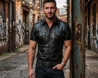 Men's Black Leather Police Style Shirt | Short Sleeve Uniform Clubwear | Gay Leather Pride Gear