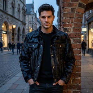 May include: A black textured jacket with a collared neckline, long sleeves, and silver-toned metal buttons down the front. The jacket features two chest pockets with buttoned flaps and is worn over a plain black shirt and dark-colored pants.