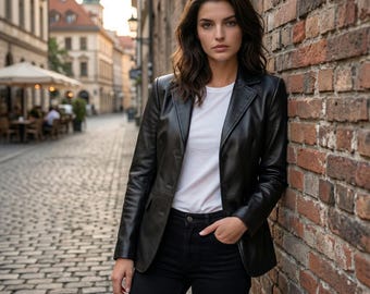 Women's Black Real Leather Blazer Lambskin Classic 3-Button Slim Fit Party Coat