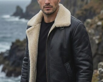 Herren Schwarze Lederjacke - Pelz Lammmantel - B3 Bomber Pilotenjacke - Geschenk für Ihn