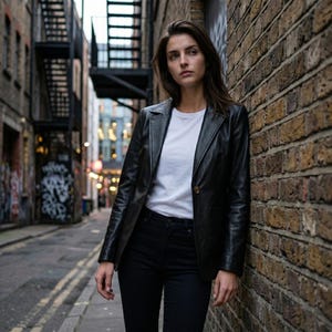 May include: A black leather blazer worn over a plain white crew neck t-shirt and black denim jeans. The blazer features a notched lapel, a single button closure, and long sleeves. The outfit is composed of a structured jacket and casual base layers.