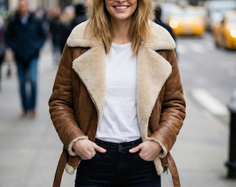 Women Brown Shearling Jacket | Winter Fashion Casual Coat | Fur Lined Vintage Jacket