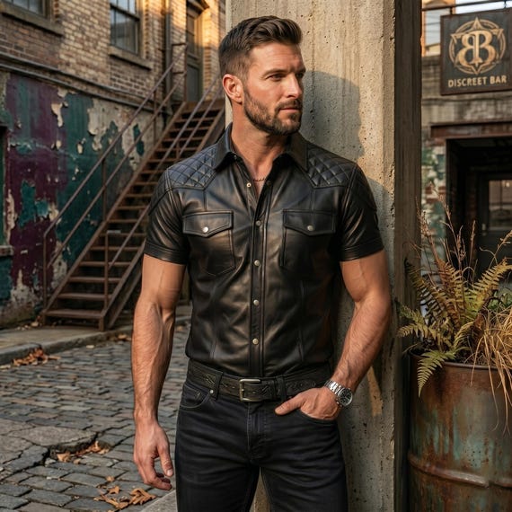 mens leather dress shirt Men's Genuine Leather Shirt Slim Fit