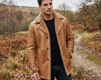 Men's Tan Shearling Coat | Genuine Sheepskin Leather Jacket | Warm Winter Fur Lined Overcoat