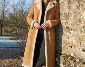 Men's Long Shearling Coat | Tan Suede & Sherpa Lined Winter Trench | Warm Overcoat