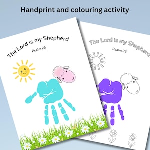 May include: Two white sheets with the text "The Lord is my Shepherd, Psalm 23". One sheet has a blue handprint sheep with a smiling sun and grass. The other sheet has a purple handprint sheep and a sun.