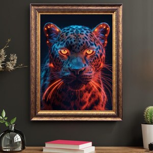 Póster digital de leopardo: arte mural imprimible de animales ciberpunk (descarga de arte con IA)