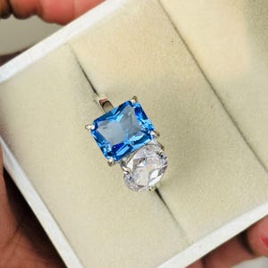 Blue Sapphire Mens Ring: Emerald Cut Sterling Silver Engagement