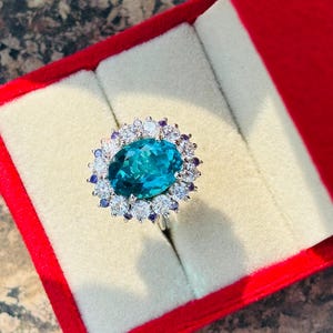 Anillo de compromiso de turmalina Paraíba ovalada: plata de ley 925, chapado en oro