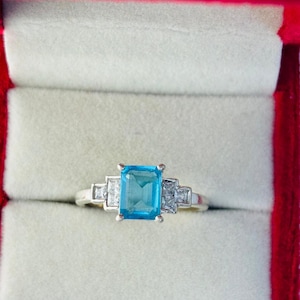 Art Deco Aquamarine Ring: Emerald Cut 925 Sterling Silver Engagement Ring