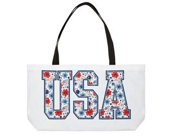 Patriotic Weekender Tote Bag | USA Floral Design, Travel Bag, Beach Bag, Gift for July 4th, Birthday, Memorial Day