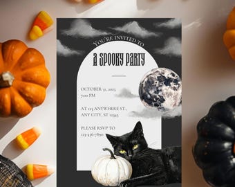 May include: A Halloween party invitation with a black cat, white pumpkin, and full moon illustration. The invitation reads "You're Invited to a Spooky Party" with event details. Candy corn and pumpkins surround the invitation.