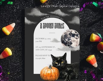 May include: A Halloween-themed invitation with a black cat, pumpkin, and full moon illustration. The invitation reads "You're Invited to a Spooky Soirée" with event details. Candy corn and decorative ribbons surround the invitation.