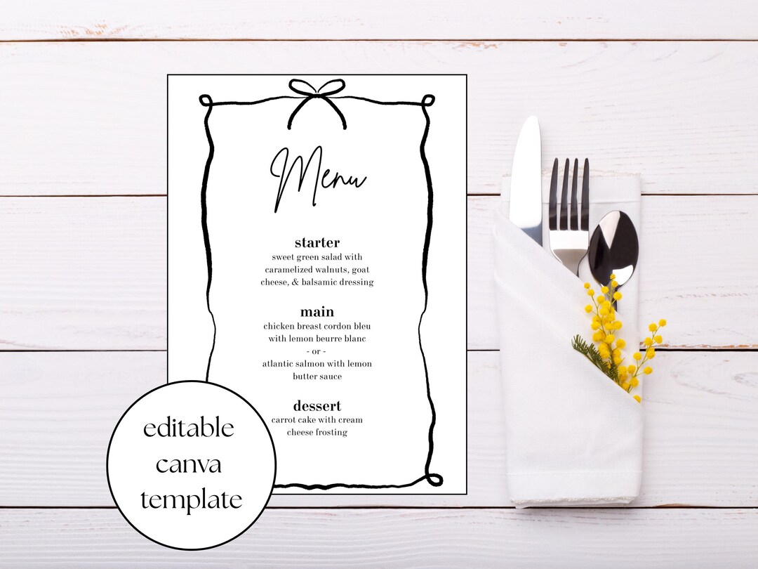 Editable Bow Menu Template | Printable Canva Wedding Menu | Elegant ...