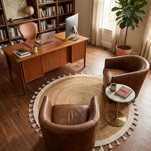 May include: A home office with a wooden desk, leather chairs, and a round jute rug. A computer monitor and laptop sit on the desk, with a bookshelf in the background. A potted plant and window with curtains are also visible.