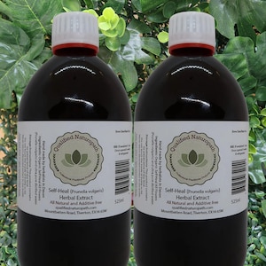May include: Two dark brown bottles of herbal extract, each with a white label and a white cap with a red ring. The labels read "Self-Heal (Prunella vulgaris) Herbal Extract". Each bottle contains 525ml.