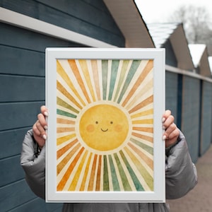 Póster de sol para sala de juegos, impresión de acuarela, arte de pared con rayos de sol: sol minimalista bohemio, arte de pared para guardería, arte de pared con sol, descarga digital