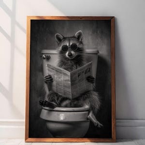 Funny Raccoon Wall Art, Animal Bathroom Photo Print, Raccoon on Toilet, Bath, Bathrobe, Brushing Teeth, Printable AI Art, Raccoon Newspaper