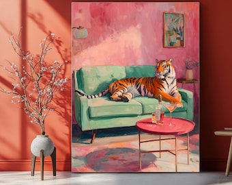 Art mural tigre maximaliste, art mural éclectique imprimable, décoration murale féministe, affiche BarCart colorée au petit doigt, tigre tendance, art mural numérique
