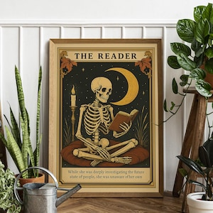 Leser-Tarot-Druck, Skelett-Leser-Tarot-Karte Wandkunst, Buch-Liebhaber-Geschenk, Witchy Leseecke Art, Bookish Witchy Bibliothek Decor, BookArt