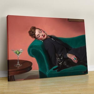 Vrouw op bank met martini, zacht ton-sur-ton olieverfschilderij, cocktailkunst barwagen decor, esthetisch olieverfschilderij cadeau, trendy kunst aan de muur print