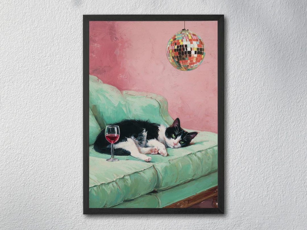Black Cat With Wine Glass – Moody Whimsical Wall Art Print, Cat With ...