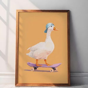 Silly Goose Art, Cute Goose Poster, Sports Nursery Decor, Skateboard Room Decor, Baseball Hat Toddler Boy Art,  Farm Animal Printable