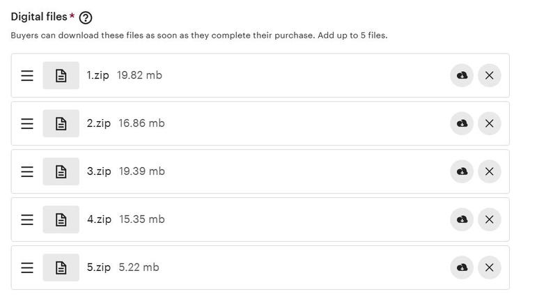 Op de afbeelding: Schermafbeelding van een sectie met digitale bestanden met vijf .zip-bestanden. Elk bestand geeft de grootte in megabytes weer. De bestanden zijn gelabeld van 1.zip tot 5.zip, met groottes vari&euml;rend van 5,22 MB tot 19,82 MB.
