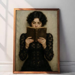Victorian Woman Reading Bookish Wall Art Print , Dark Academia Decor, Librariancore Wall Art, Moody Reading Nook Painting, Book Lover Gift