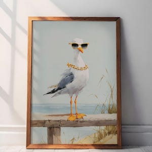 Funny Seagull Print, Cute Beach Poster, Ocean Wall Art, Trendy Coastal Decor, French Fries Print, Cute Beach House Decor, Canvas Wall Art