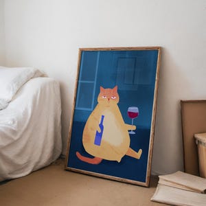 Decor barwagen, kattenposter, wijnafdruk, retro keukendecor, modern decor uit het midden van de eeuw, trendy muurkunst, Cheers-afdruk, eetkamerafdruk