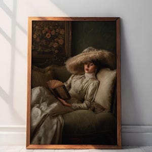 Victorian Woman Reading Bookish Wall Art Print , Dark Academia Decor, Librariancore Wall Art, Moody Reading Nook Painting, Book Lover Gift