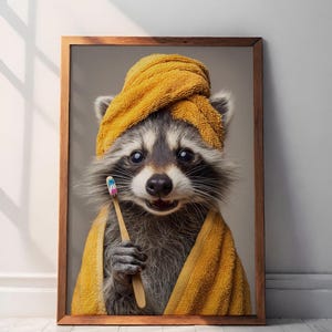 Raccoon Bathroom Prints, Printable Wall Art, Funny Raccoon Wall Art, Animal Bathroom Photo Print, Raccoon on Toilet, Bath, Brushing Teeth