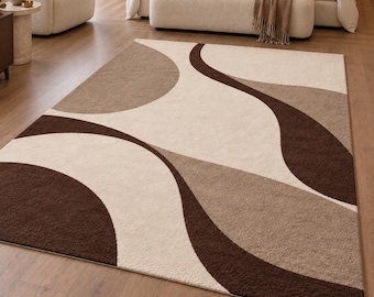 Brown and Cream Abstract Wool Rug, Hand Tufted Wave Design, Custom Size