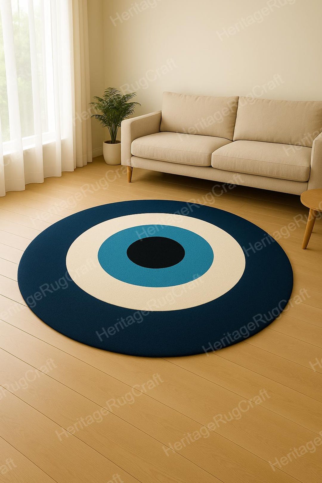 Modern Round Wool Area Rug, Blue Evil Eye Geometric Rug for Living Room ...