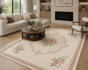 Hand-Tufted Cream Floral Area Rug, Beige with Pink Roses and Sage Green Leaves