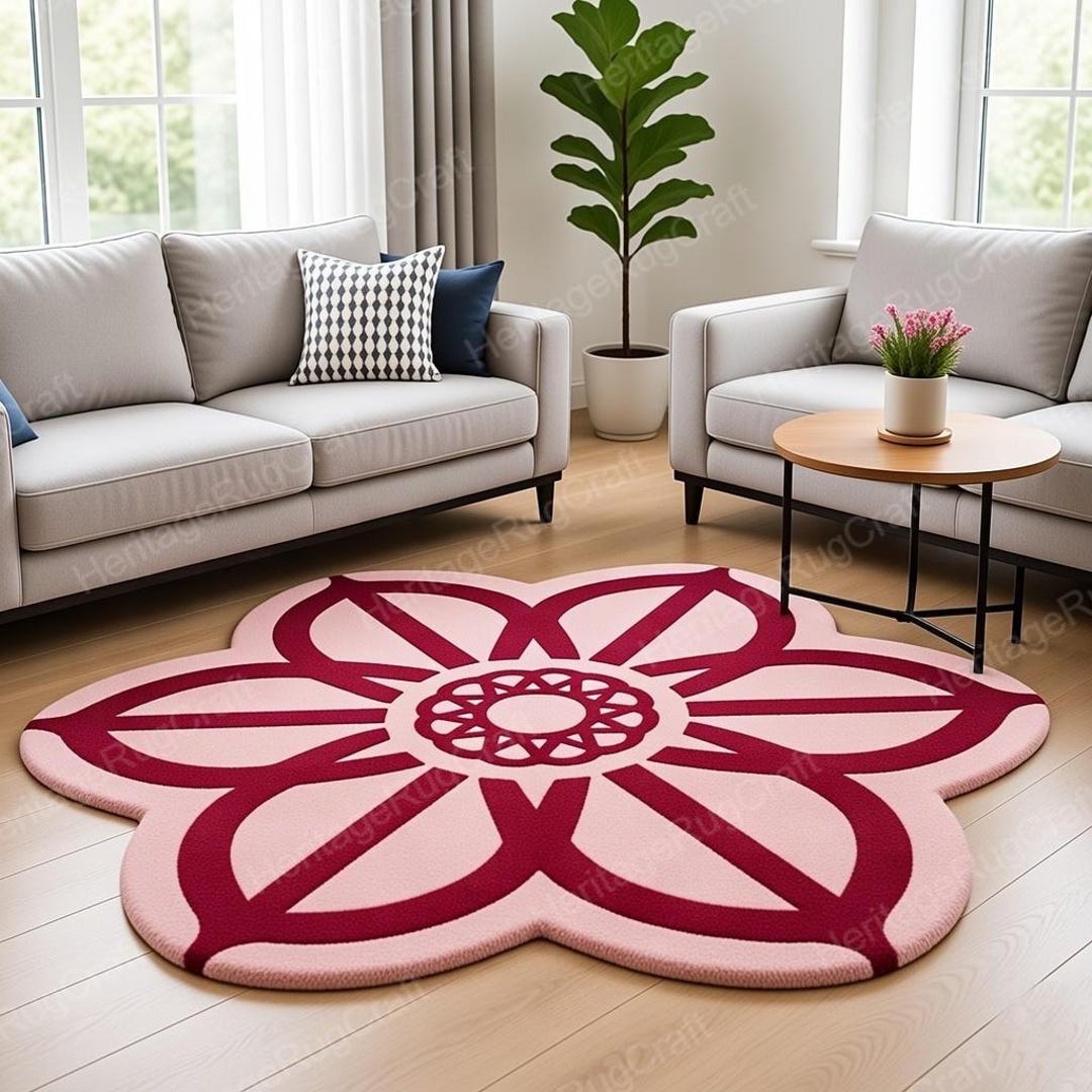 Hand Tufted Flower Area Rug, Modern Pink Wool Rug, Minimal Living Room ...